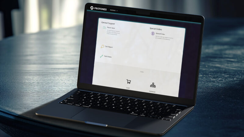 laptop zeigt kundenportal protones support veranstaltungstechnik