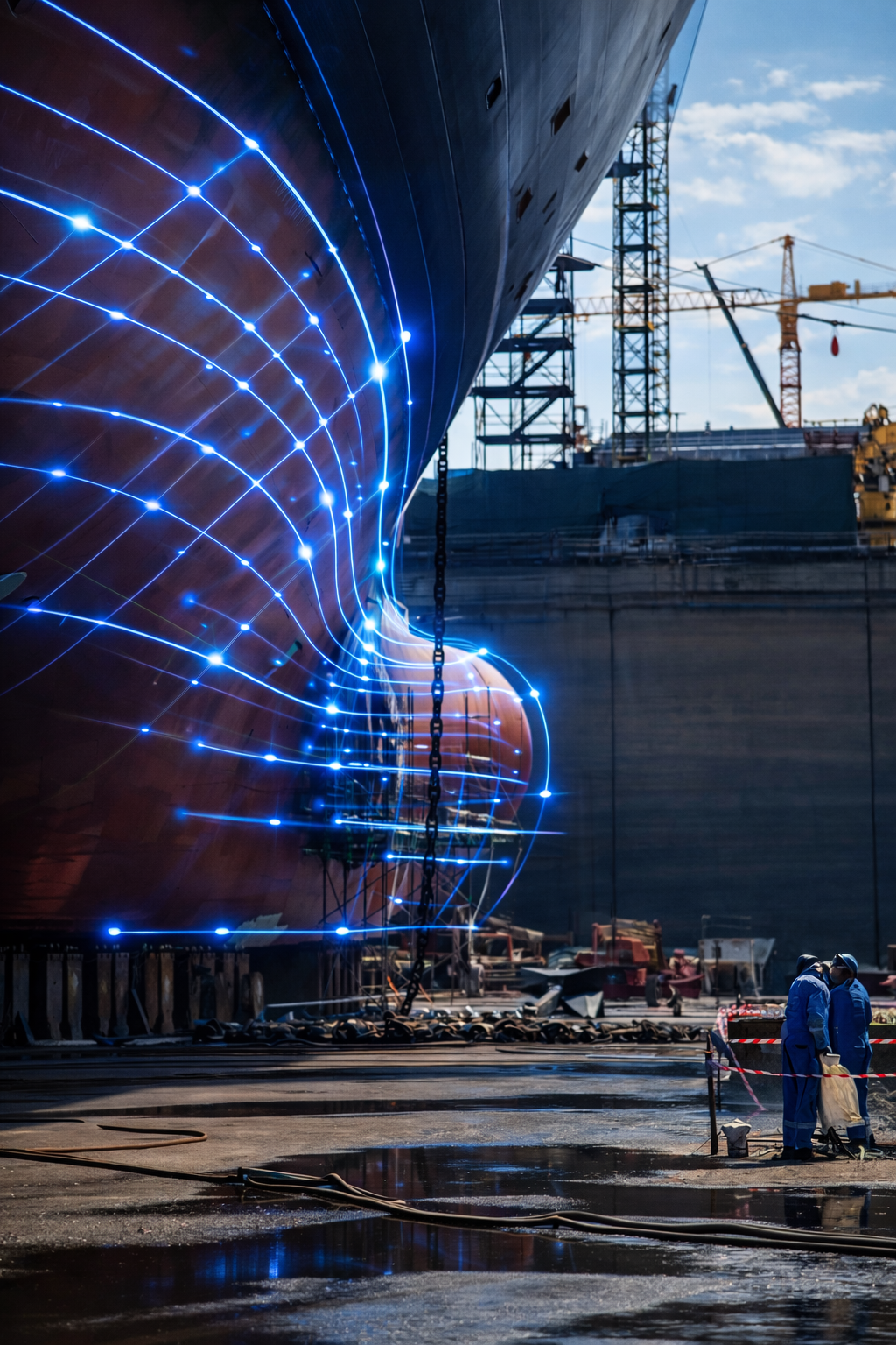 Kreuzfahrtschiff im Bau in der Werft mit visualisierten Daten- und Systemverbindungen zur Darstellung komplexer AV-Systemintegration