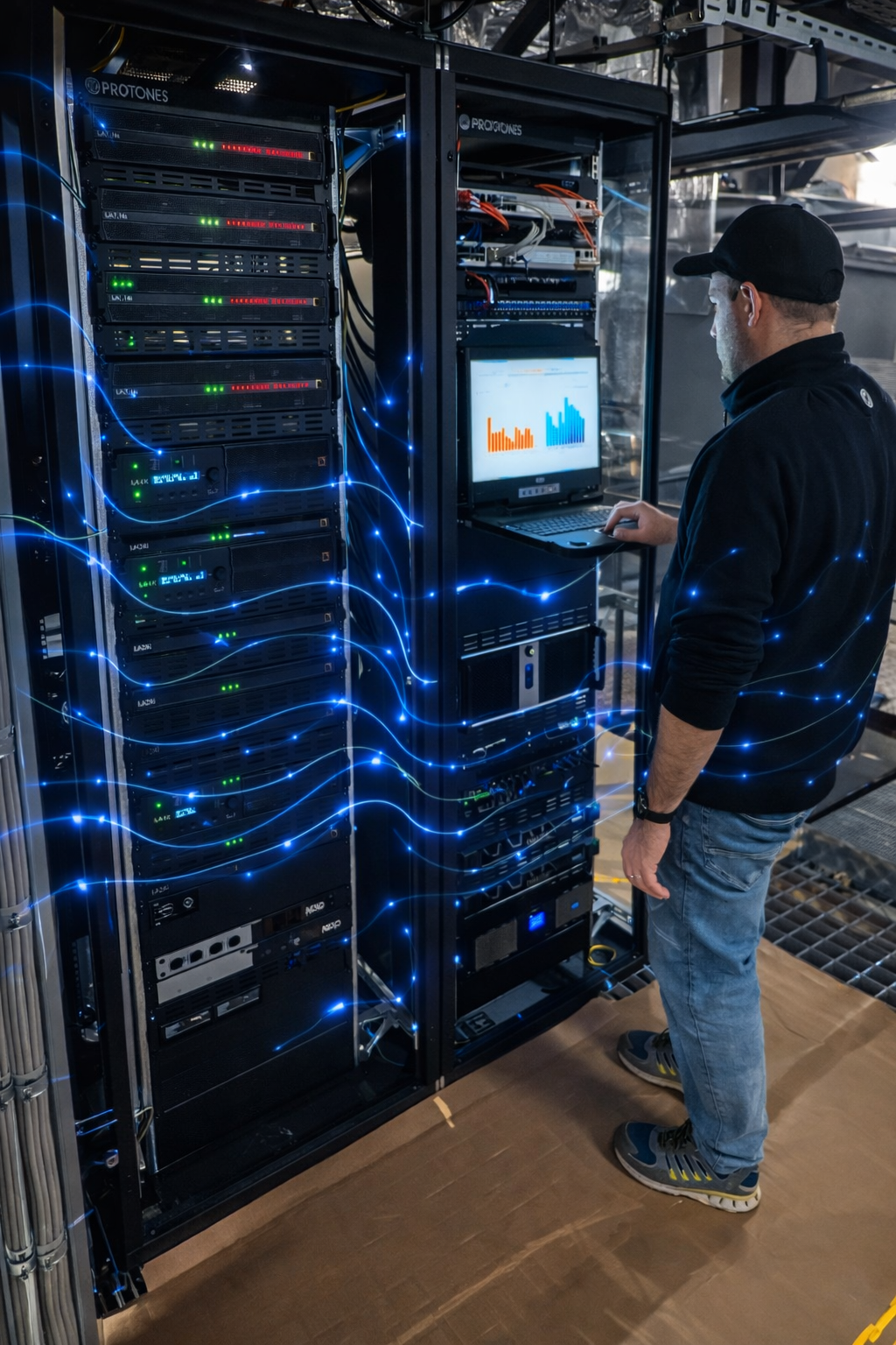 Techniker prüft AV-Serverracks mit Netzwerk- und Steuerungssystemen während laufender Systemanalyse im Technikraum