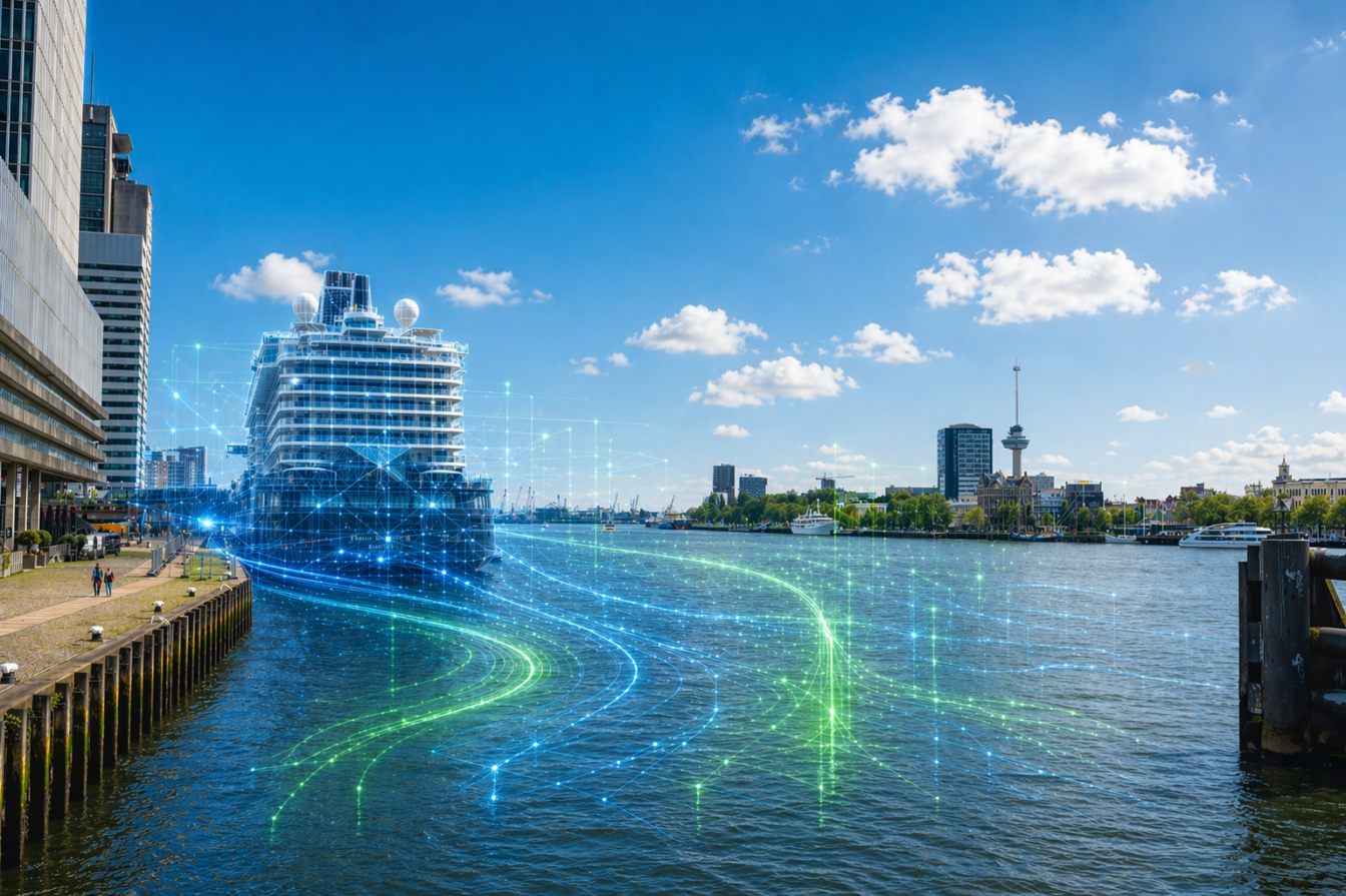 Modernes Kreuzfahrtschiff im Hafen bei sonnigem Wetter, überlagert von abstrakten blauen und grünen digitalen Netzwerk- und Datenströmen, die einen futuristischen „Digital Twin“ visualisieren.