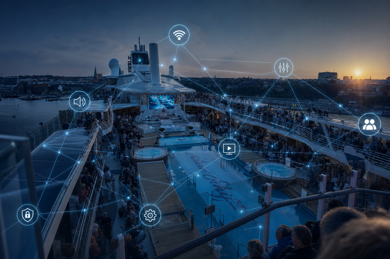 Pool deck of a cruise ship with integrated AV and network infrastructure for entertainment and conference areas
